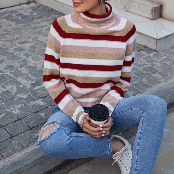 

Turtleneck Raglan Sleeve Striped Sweater, Multicolor