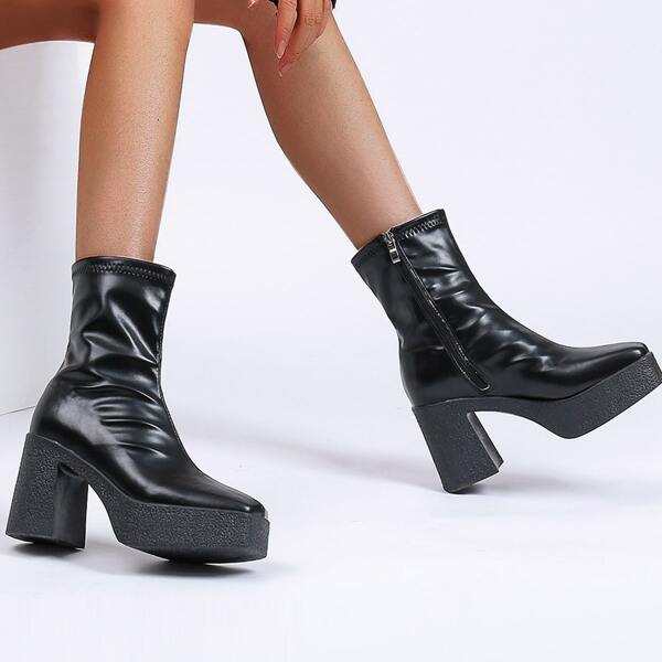 

Minimalist Side Zipper Chunky Heeled Boots, Black