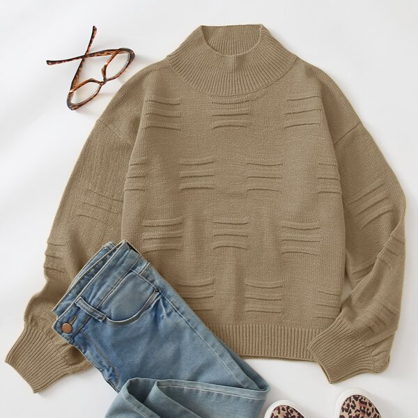 

High Neck Drop Shoulder Sweater, Khaki