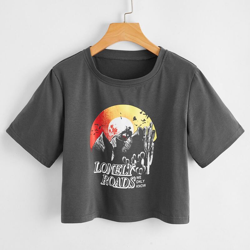 

Letter Graphic Crop Tee, Dark grey