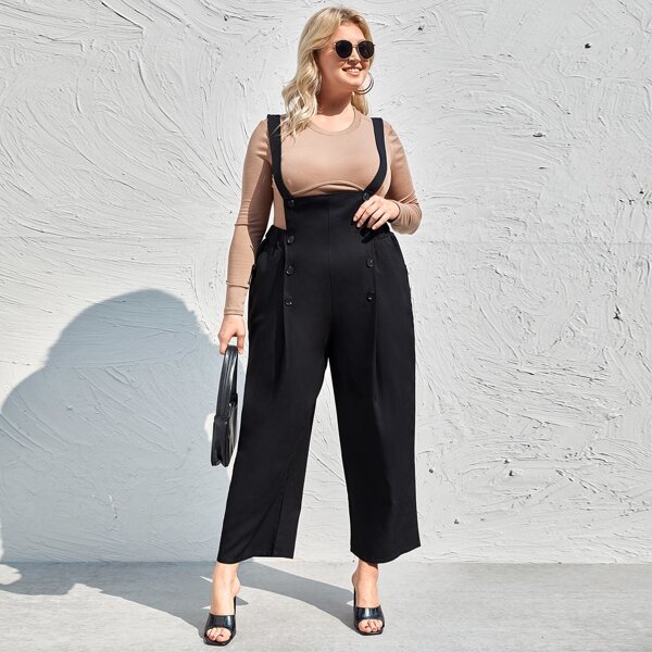 

Plus Double Button Suspender Jumpsuit, Black