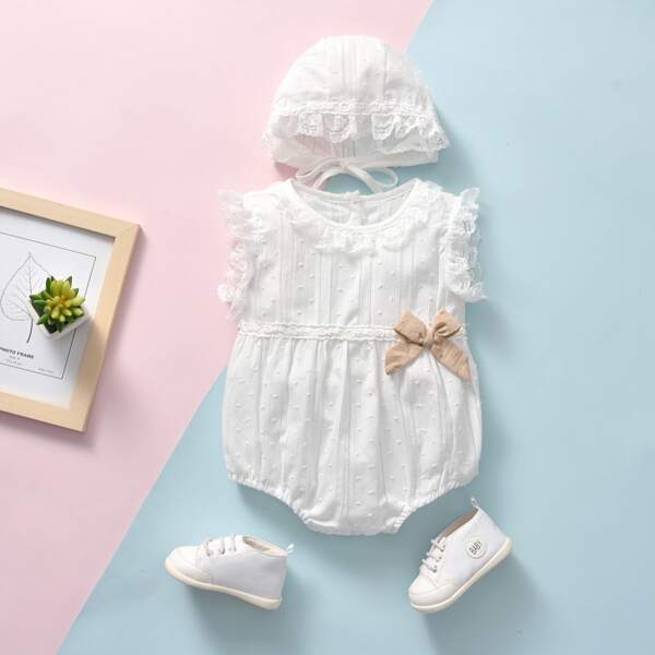 

Baby Girl Ruffle Trim Bow Front Bodysuit With Hat, White