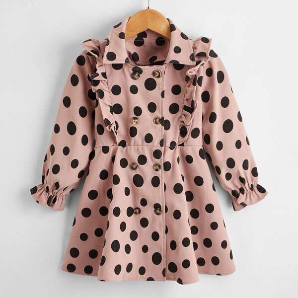 

Toddler Girls Polka Dot Ruffle Trim Double Breasted Coat, Dusty pink