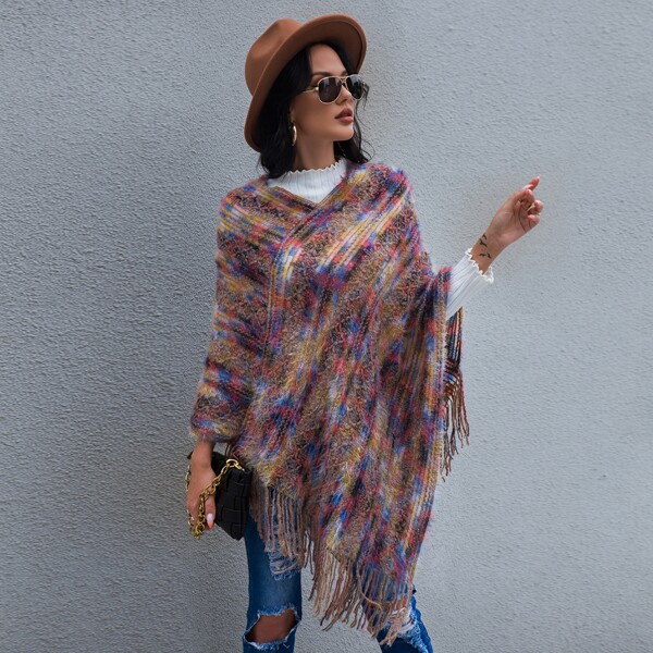

Fringe Trim Asymmetrical Hem Sweater Poncho, Multicolor