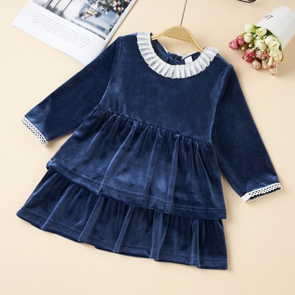 

Baby Girl Velvet Contrast Collar Layered Hem Smock Dress, Navy blue