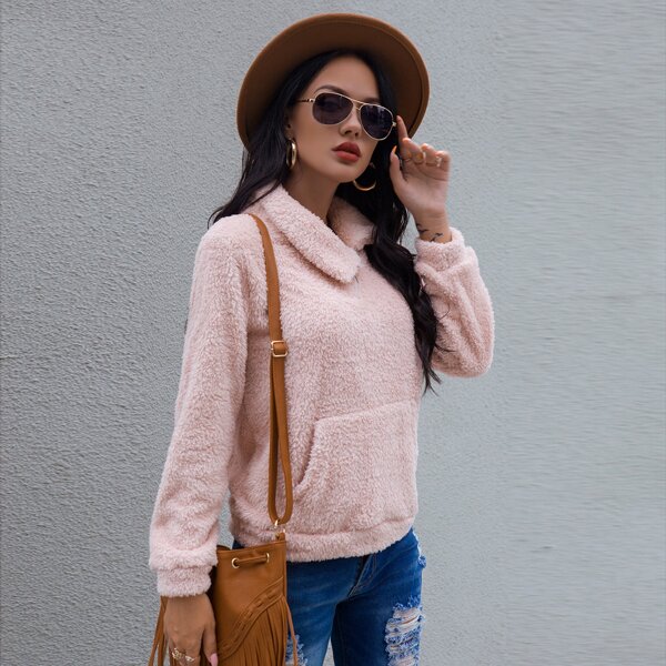 

Teddy Oblique Zipper Collared Sweatshirt, Baby pink
