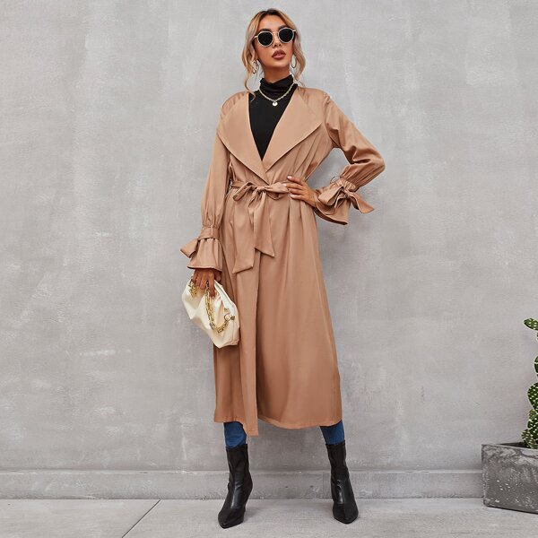 

Solid Waterfall Collar Belted Trench Coat, Apricot