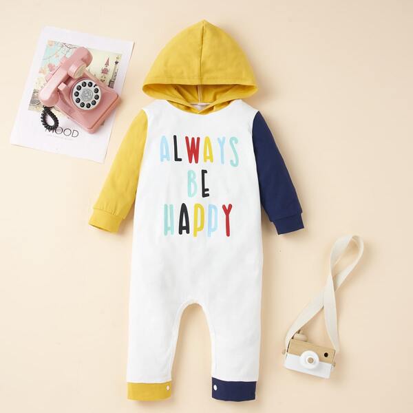 

Baby Boy Color-block Slogan Graphic Hooded Jumpsuit, Multicolor