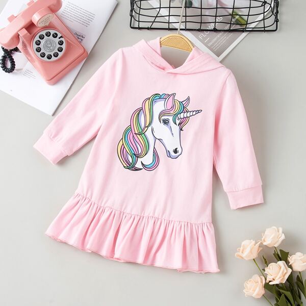 

Baby Unicorn Print Ruffle Hem Hoodie Dress, Baby pink
