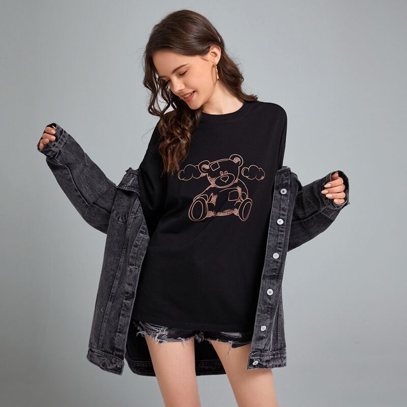 

Cartoon Bear Print Oversized Tee, Black