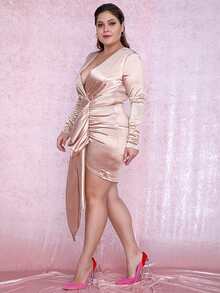 LOVE&LEMONADE Đầm Plus Size Vắt màu trơn Hấp dẫn - Màu Hồng baby - Xem 4