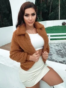 Eilly Bazar Zip Up Teddy Jacket - Brown - View 3