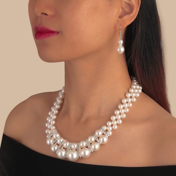 

Faux Pearl Decor Necklace & Earrings, White