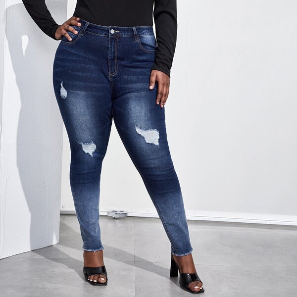 

Plus High Waist Bleach Wash Ripped Skinny Jeans, Dark wash