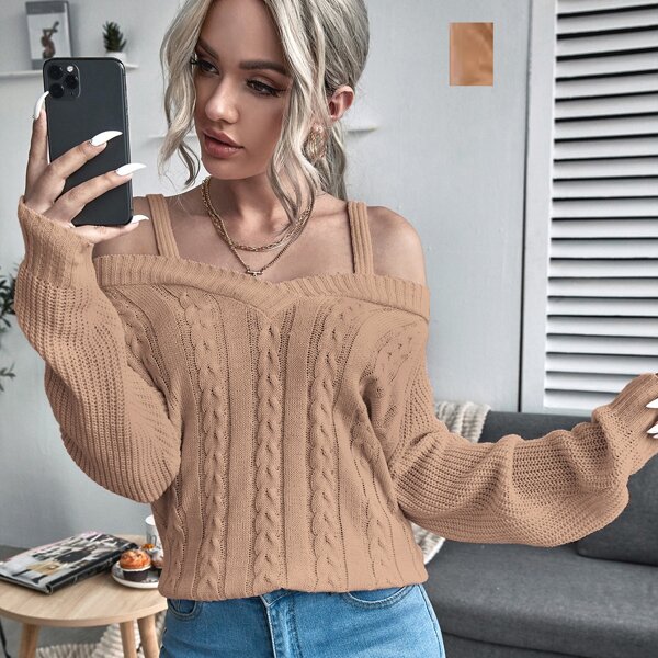 

Cold Shoulder Cable Knit Sweater, Apricot