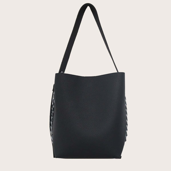 

Chain Decor Bucket Bag With Crossbody Bag, Black