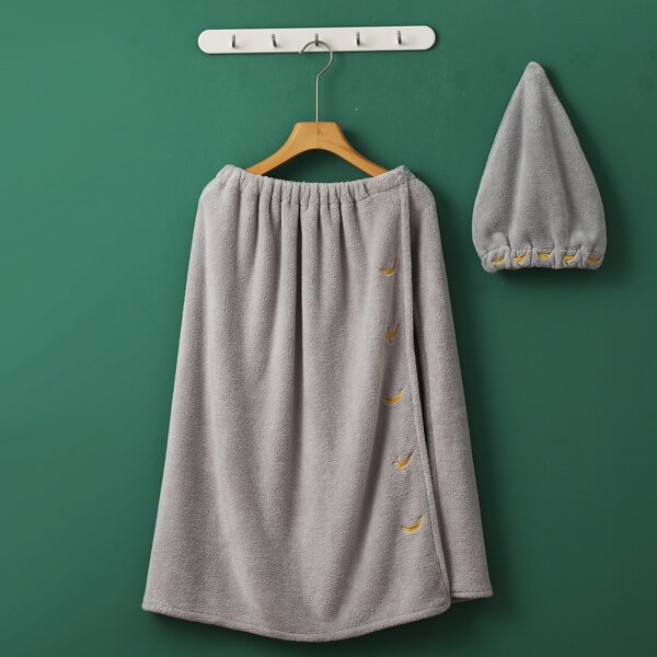 

2pcs Fruit Embroidery Bath Towel & Dry Hair Cap, Grey