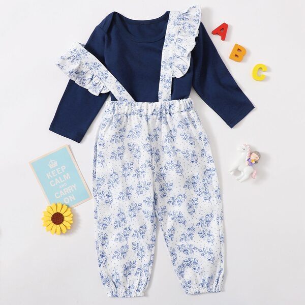 

Baby Girl Bodysuit & Floral Print Ruffle Suspender Jumpsuit, Blue and white