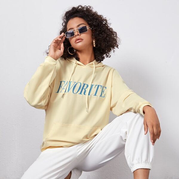 

Kangaroo Pocket Drawstring Letter Embroidery Hoodie, Yellow