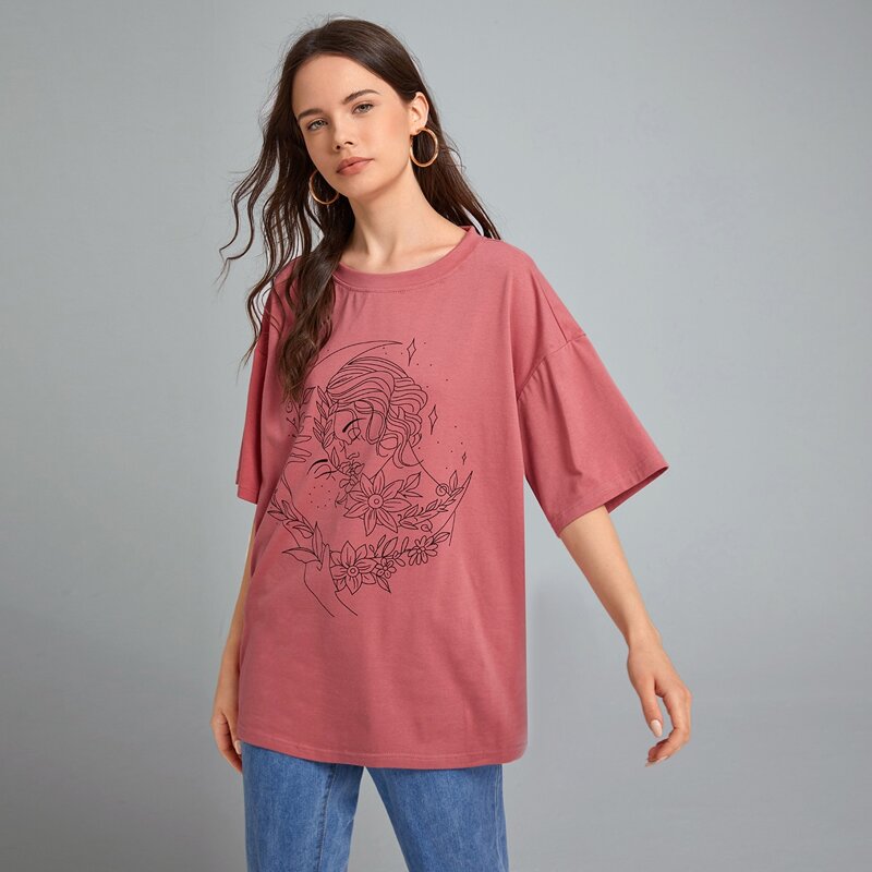 

Flower & Figure Graphic Oversized Tee, Watermelon pink