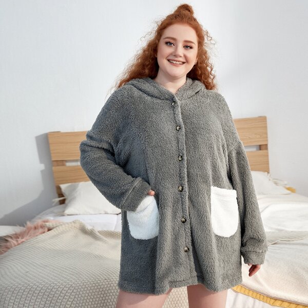 

Plus Dual Pocket Button Front Flannel Hooded Night Dress, Grey
