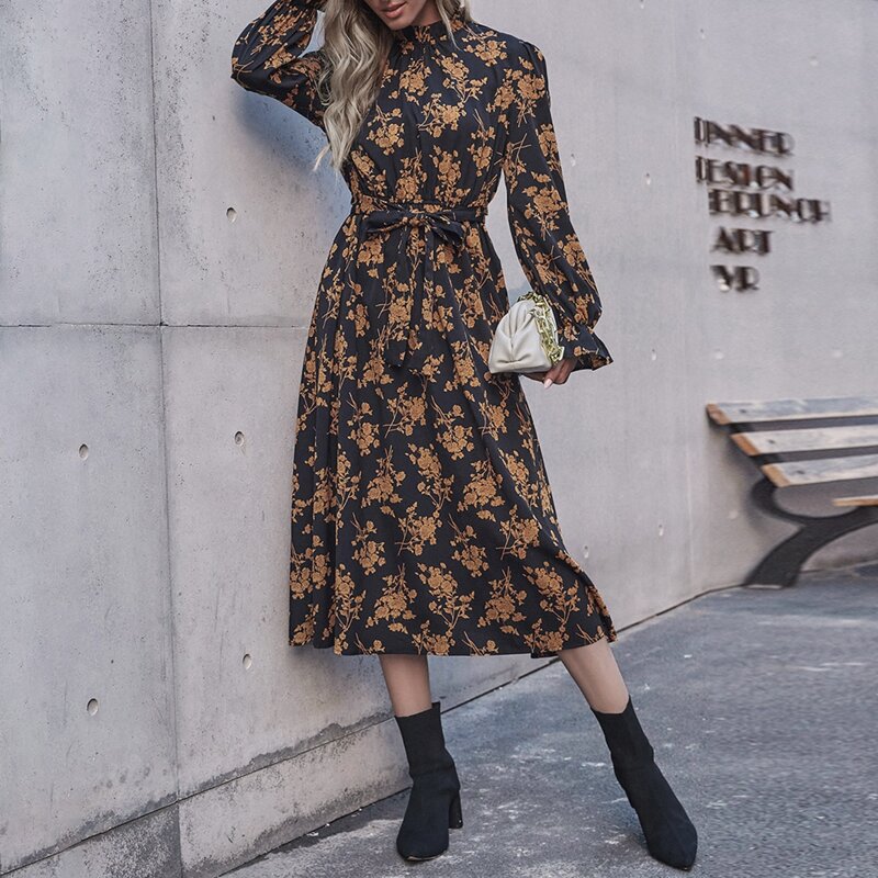 

All Over Floral Print Flounce Sleeve Belted Dress, Multicolor
