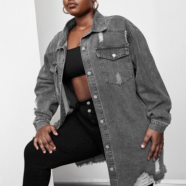 

Plus Flap Pocket Raw Hem Ripped Denim Jacket, Grey