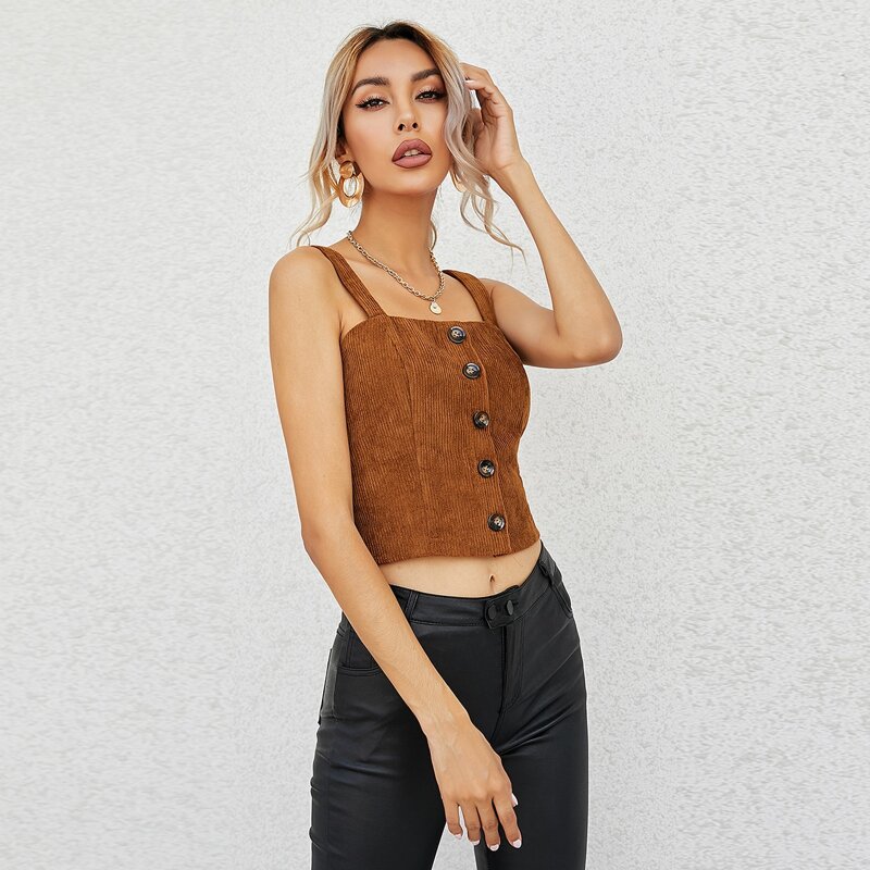 

Button Front Corduroy Cami Top, Brown