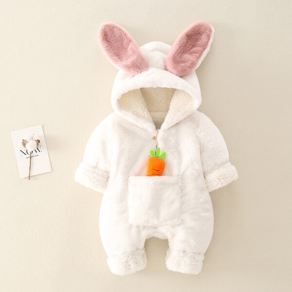 

Baby Girl Carrot Patched 3D Ear Hooded Onesie, White