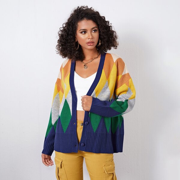 

Buttoned Front Colorblock Argyle Pattern Cardigan, Multicolor