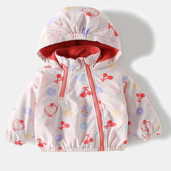 

Toddler Girls Fleece Lined Cherry Print Jacket, Pastel baby pink