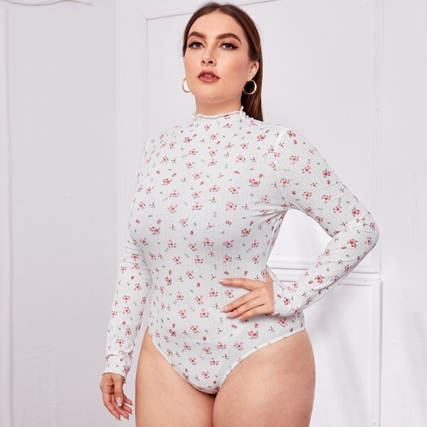

Plus Mock Neck Ditsy Floral Bodysuit, White