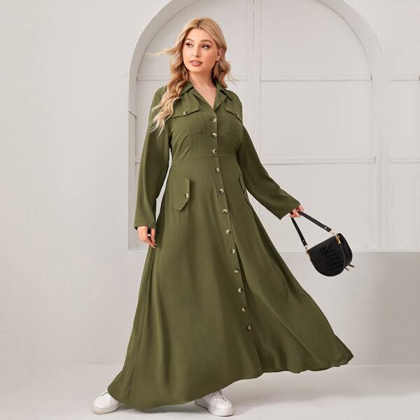 

Plus Flap Pocket Shirt Dress, Army green