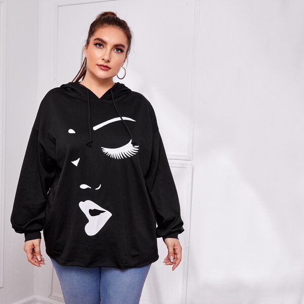

Plus Drop Shoulder Figure Graphic Hoodie, Black