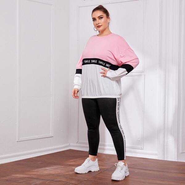 

Plus Drop Shoulder Colorblock Pullover & Leggings Set, Multicolor