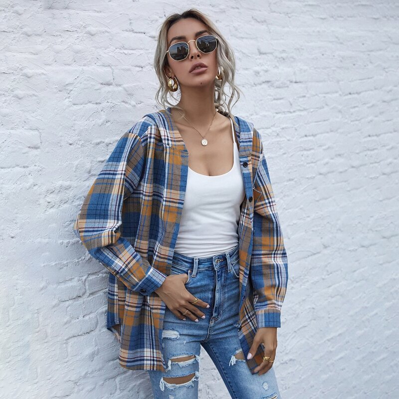 

Single Breasted Placket Hooded Plaid Blouse, Blue multicolor