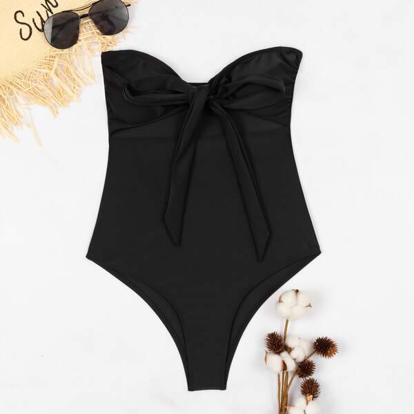 

Cut-out Knot Front Bandeau One Piece Swimsuit, Black