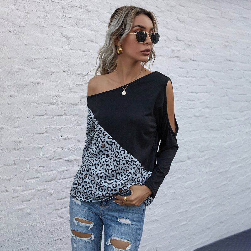 

Asymmetrical Neck Cut-out Leopard Colorblock Tee, Multicolor