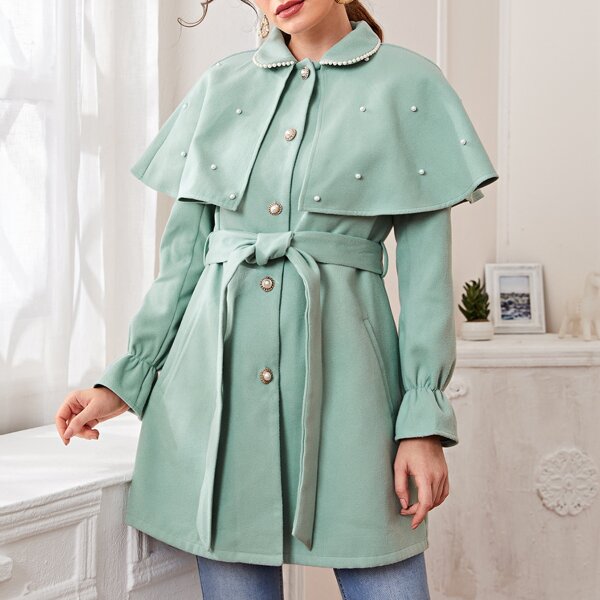 

Pearl Beaded Self Belted Overcoat With Cape, Mint green