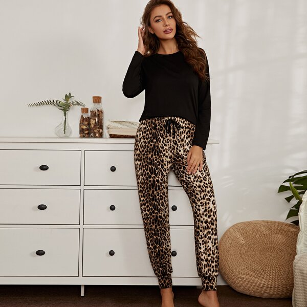 

Solid Top & Drawstring Leopard Pants PJ Set, Multicolor