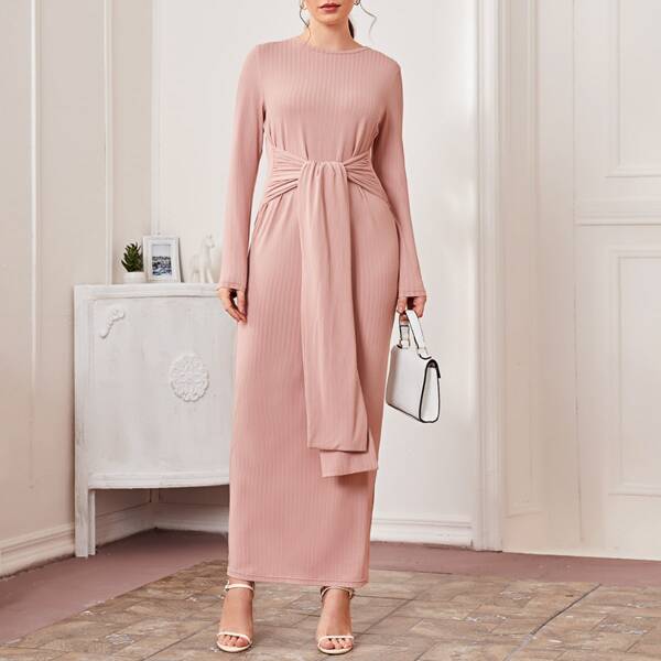 

Knot Front Rib-knit Dress, Pink pastel