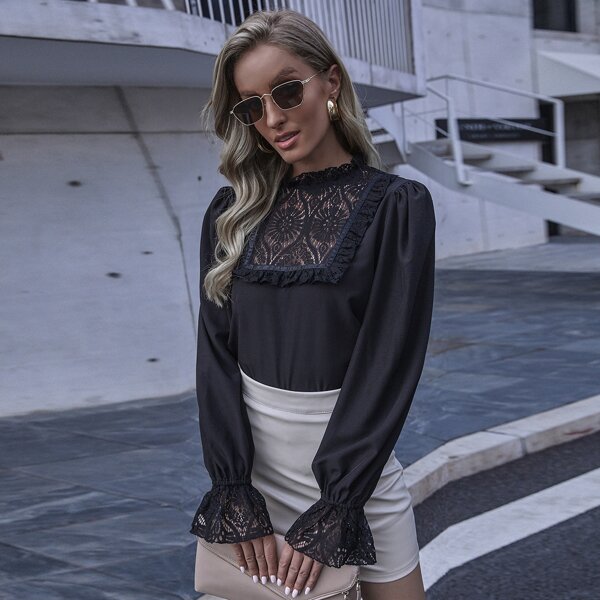 

Lace Panel Sheer Back Ruffle Neck Blouse, Black