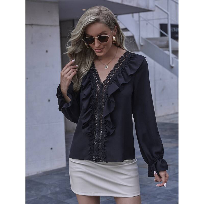 

Lace Panel Ruffle Trim V Neck Blouse, Black