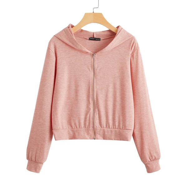 

Zipper Up Hooded Solid Sweatshirt, Dusty pink