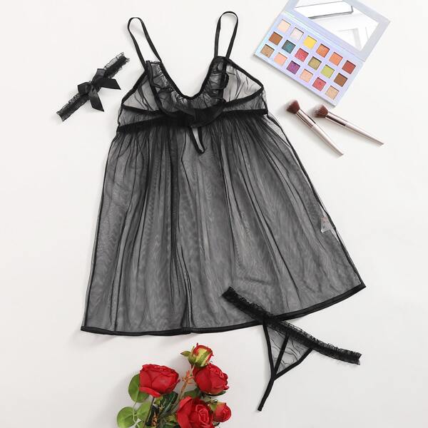 

Mesh Ruffle Trim Slips & Thong, Black