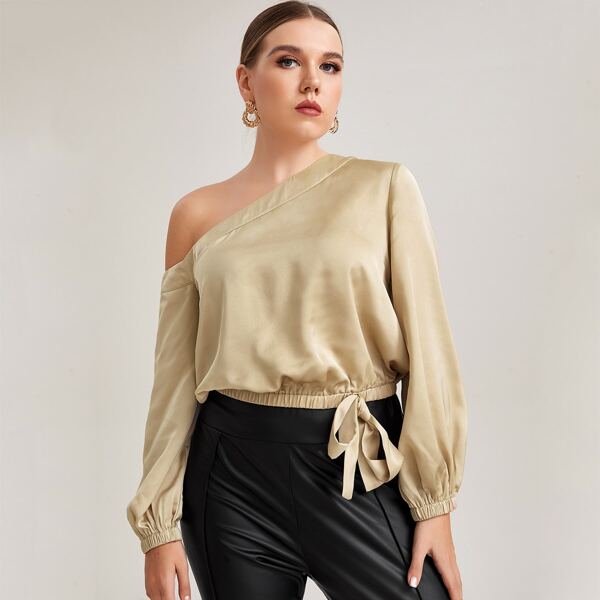 

Plus Asymmetrical Neck Knot Hem Satin Top, Khaki