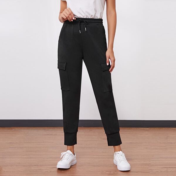 

Drawstring Waist Flap Pocket Side Sweatpants, Black