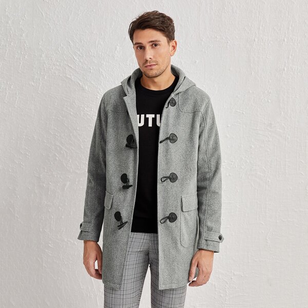 

Men Horn Buckle Hooded Overcoat, Grey