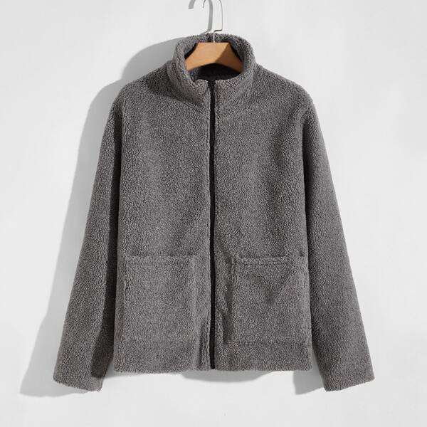 

Men Pocket Front Zip Up Teddy Coat, Grey