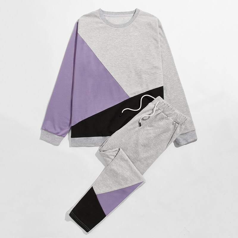 

Guys Color-block Sweatshirt & Drawstring Waist Sweatpants, Multicolor